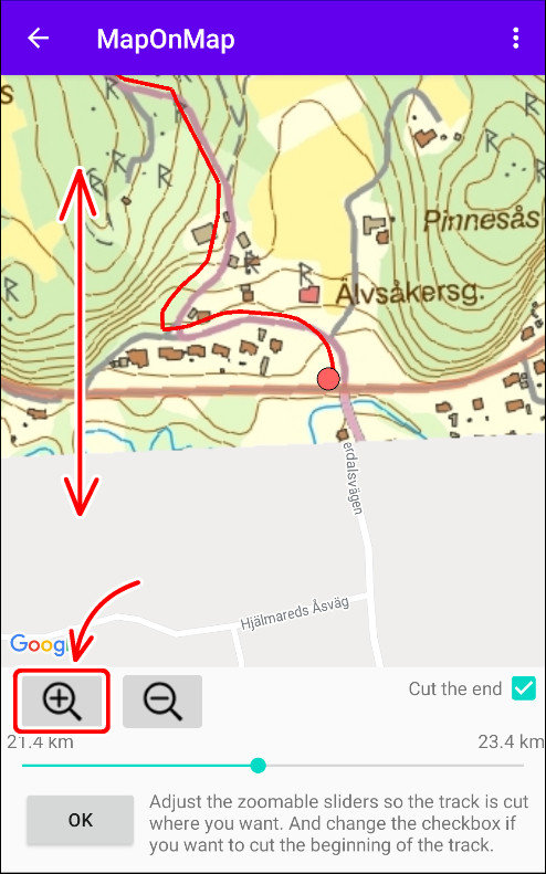 2. Zooma in kartan och reglaget för att göra en finjustering.