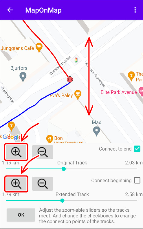 2. Amplie o mapa e os controles deslizantes para fazer um ajuste fino.