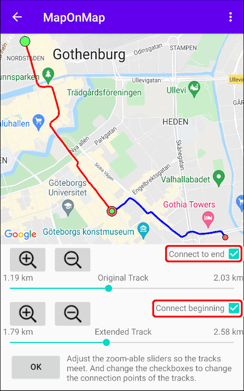 Kryssrutorna för anslutning avgör vilka spårändar som ska användas.