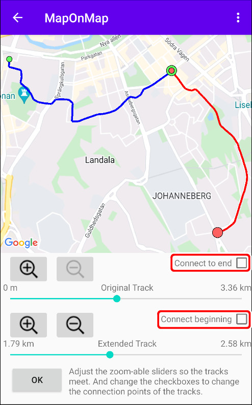 As caixas de seleção de conexão decidem quais extremidades de trajeto serão usadas.